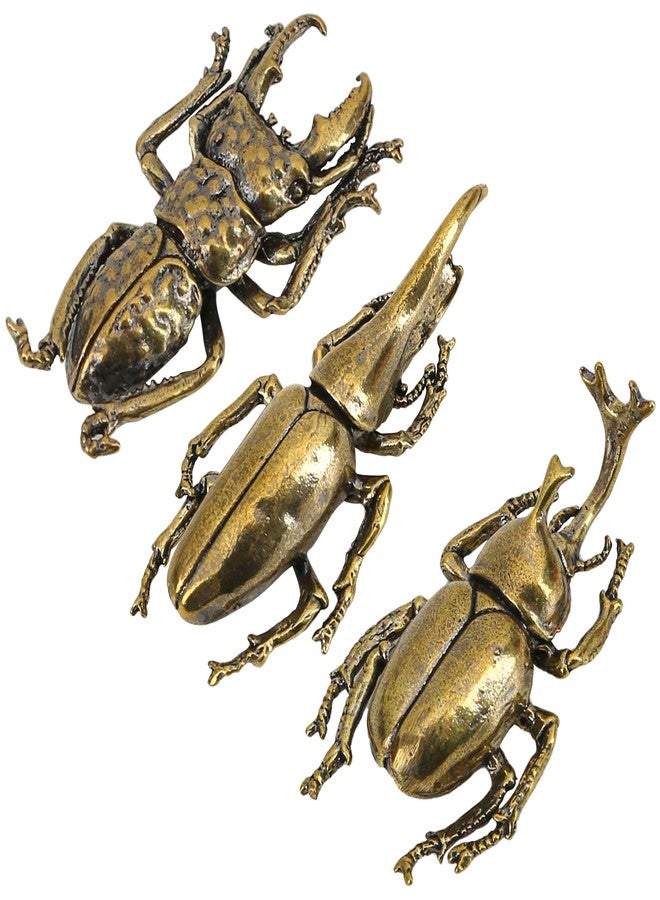 KH866 3PCS/Set Insect Bug Wall Decor, Solid Brass Beetle Figurine Ornament, Exquisite Miniature Taurus Horn Insects Art Statue, Simulation Desk Decoration Crafts, Home Living Room Artwork Gift for Tea Table - Image 1